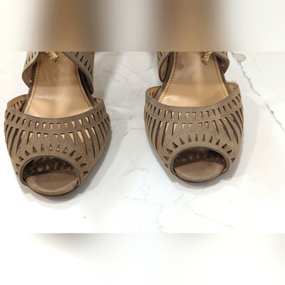 Ivanka Trump Delfino suede leather high Heels front tie Tan stiletto shoes sz 10 - Picture 7 of 14